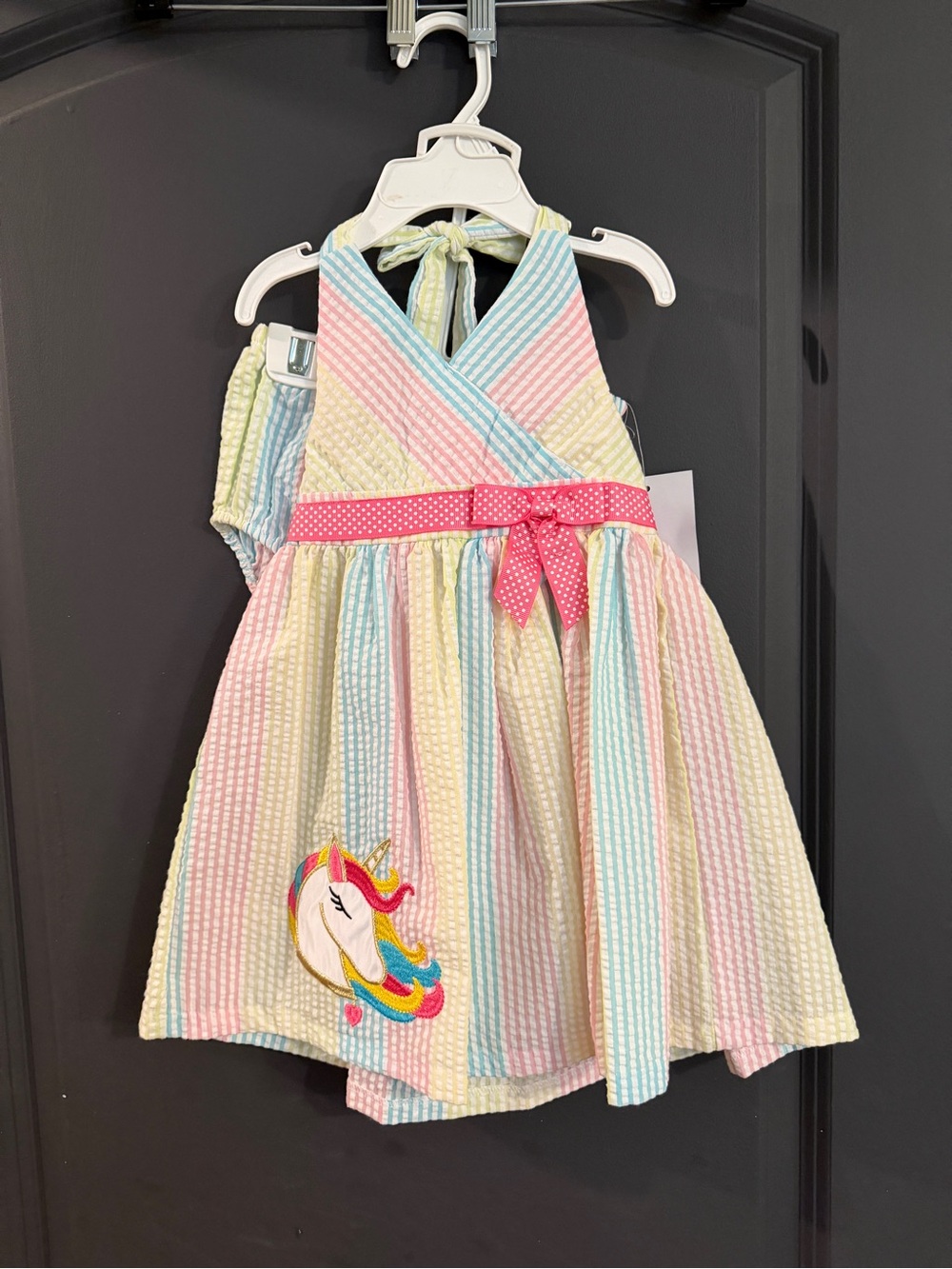 Rare Edition 2 piece sets. Pastel Seersucker Unicorn Halter Dress with Pink Bow